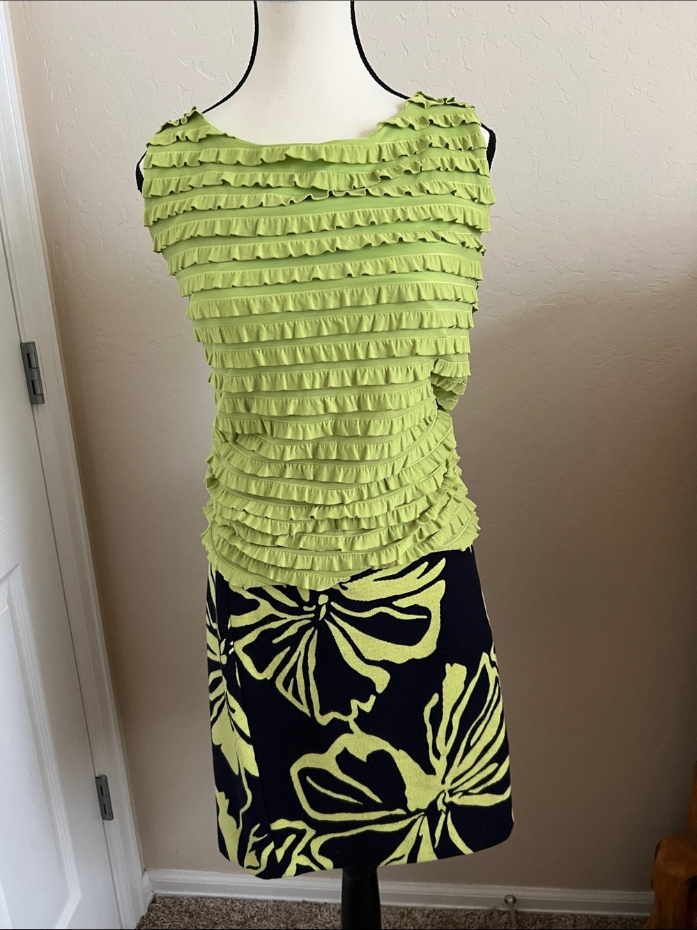 Grace Elements Lime Green Ruffle Tank with Navy Floral A-Line Skirt